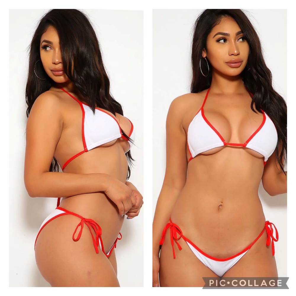 NEW! 2 Piece White & Red Halter Tie Fashion Bikini Swimsuit
